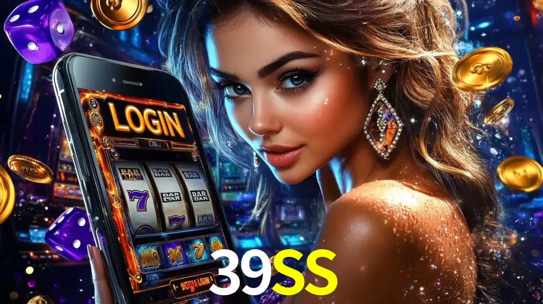 Mulher glamorosa segurando um smartphone com a tela de login para os jogos de caça-níqueis do cassino online 39SS, com moedas de ouro e dados ao redor.